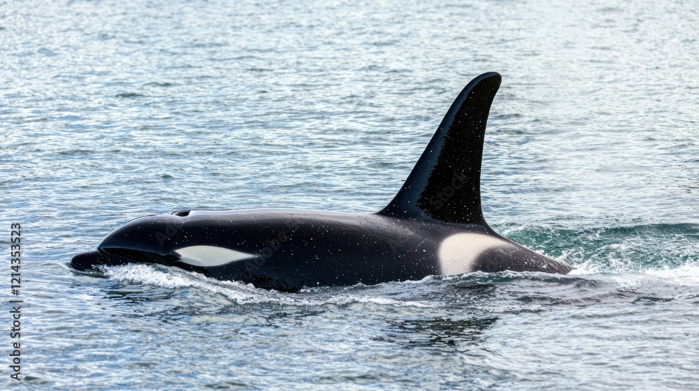 Naklejka premium An orca swimming with its pod in the ocean.