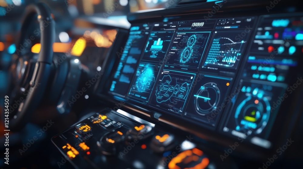 Naklejka premium Futuristic car dashboard interface displaying various data visualizations, charts, and information, showcasing advanced technology and connectivity in transportation