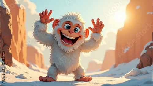 A cheerful white-furred monkey dances jubilantly atop snowy terrain, arms aloft against a serene backdrop of azure skies, fluffy clouds, and radiant sunlight photo