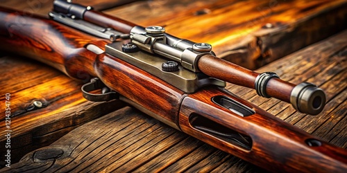 Historic Russian Mosin Nagant Rifle - Close-up Detail of Bolt Action & Stock photo