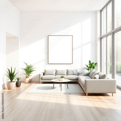 Wallpaper Mural Frame mockup, ISO A paper size. Poster mockup on living room wall. Interior mockup with modern minimalist living room design. A bright, elegant space with a white sofa, Torontodigital.ca