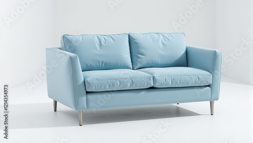 Indoor scene featuring an eye-level close-up of a chic, light blue leather sofa atop a pristine white surface. Its stylish silver metal legs create elegant shadows beneath, enhancing the sleek, modern photo