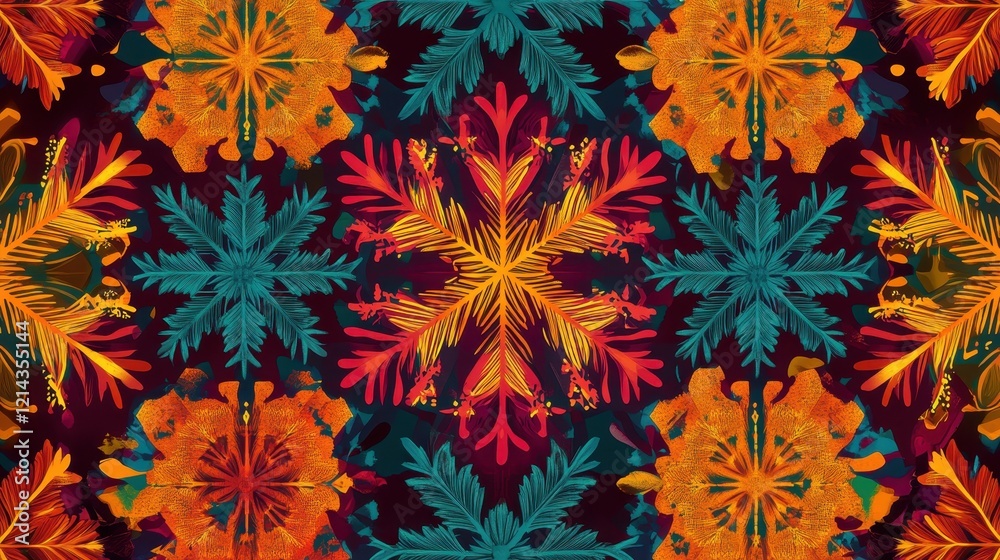 Abstract Kaleidoscope of Vibrant Snowflakes and Floral Patterns Abstract Kaleidoscope of Vibrant Snowflakes and Floral Patterns