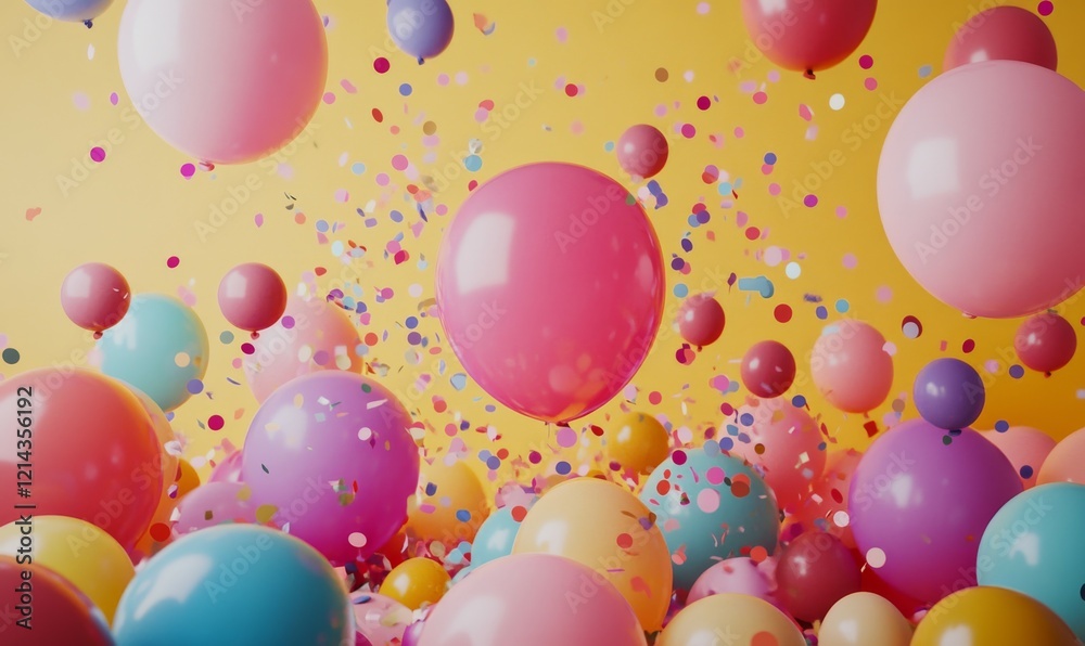 Colorful balloons and confetti create a festive atmosphere for celebration or party Colorful balloons and confetti create a festive atmosphere for celebration or party