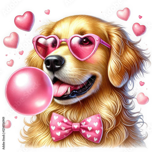 Adorable Golden Retriever wearing heart-shaped sunglasses and a pink bow tie with heart patterns, blowing a bubble gum. Surrounded by floating pink hearts. Perfect for Valentine's Day themes. photo