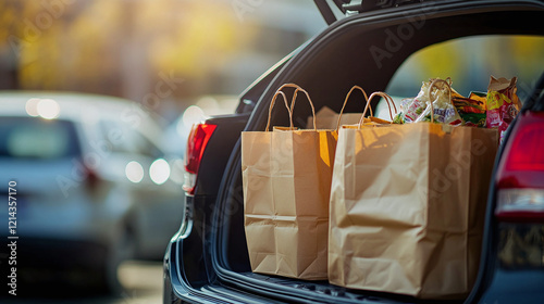 Shopping bags in the trunk of a car in a parking lot near a supermarket photo