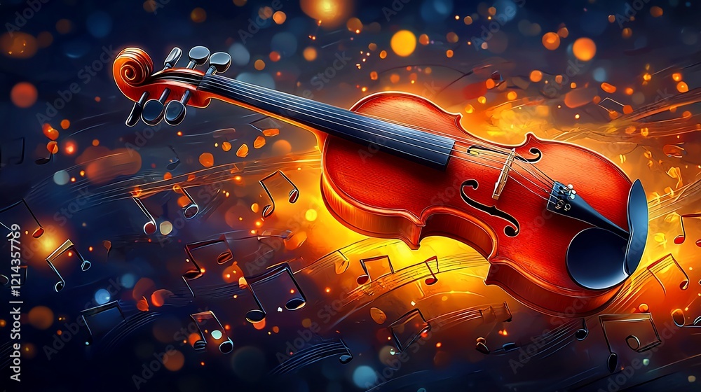 Fototapeta premium Glowing violin with musical notes.