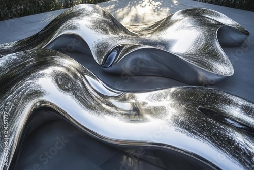 surreal liquid metal waves in motion, chrome-plated undulating forms catching light, abstract minimalist composition with dramatic shadows and highlights, monochromatic silver tones photo