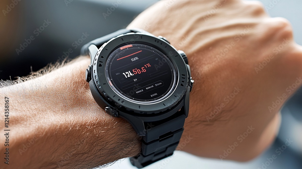 A man’s hand with a smartwatch tracking fitness progress, showing workout stats on the digital screen, combining sleek design with fitness technology. A man’s hand with a smartwatch tracking fitness progress, showing workout stats on the digital screen, combining sleek design with fitness technology.