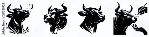 A series of four stylized black-and-white bull head illustrations showcasing different expressions and features. photo