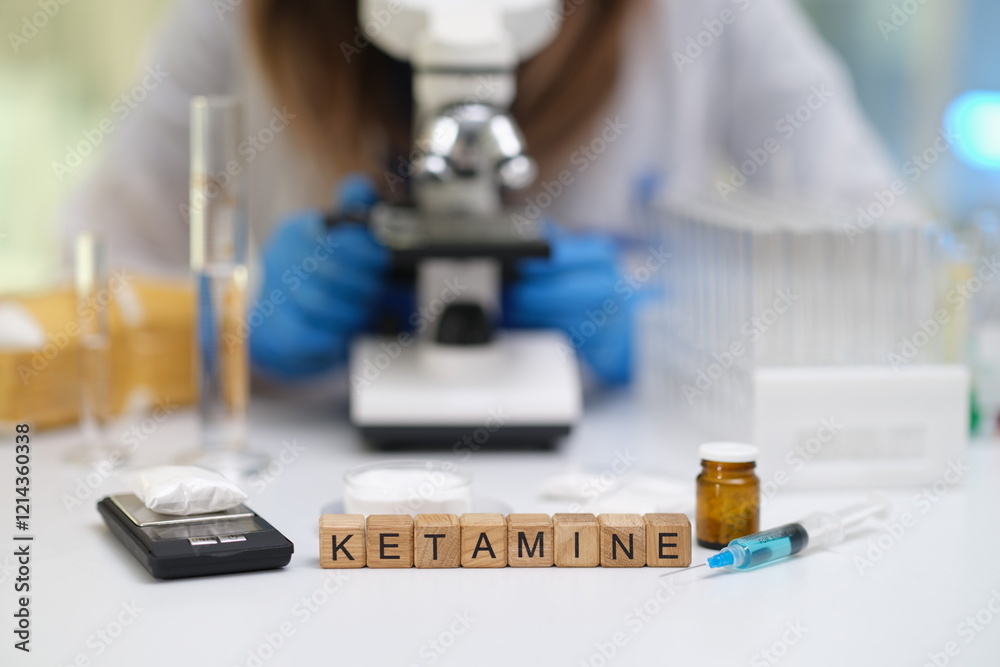 An investigative scene showcasing ketamine along with various laboratory equipment now under expert scrutiny