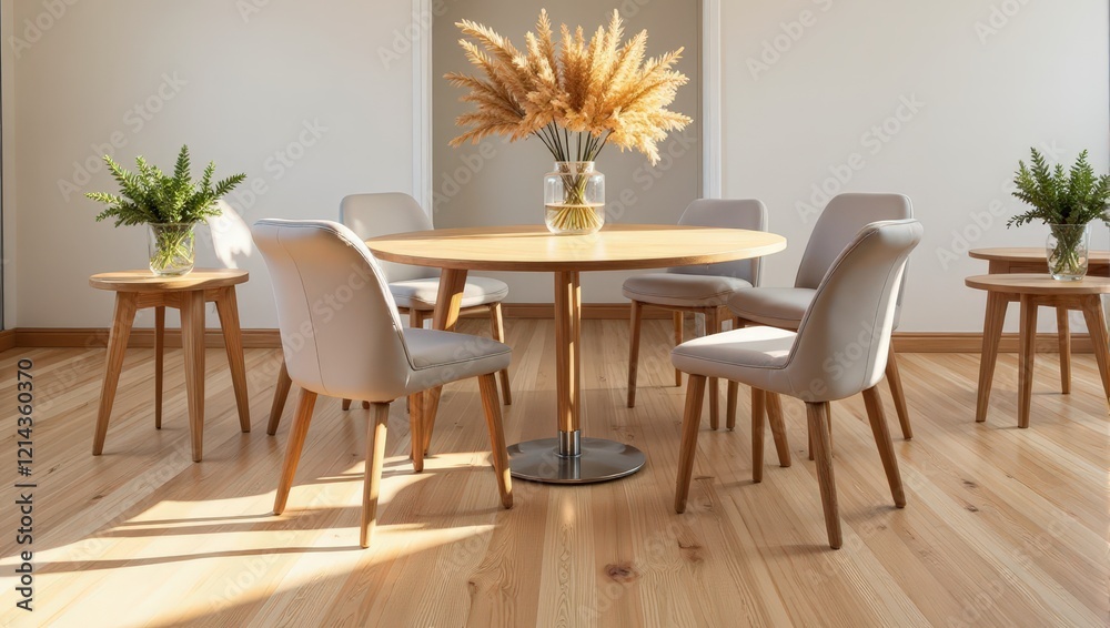 Chic indoor scene: Round wood table with stainless steel legs, flanked by six sleek, light gray leather-upholstered chairs. A matching round table enhances the elegant ensemble Chic indoor scene: Round wood table with stainless steel legs, flanked by six sleek, light gray leather-upholstered chairs. A matching round table enhances the elegant ensemble