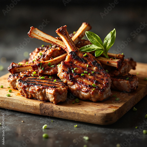 Gourmet herb-crusted lamb chops on wooden board, culinary delight