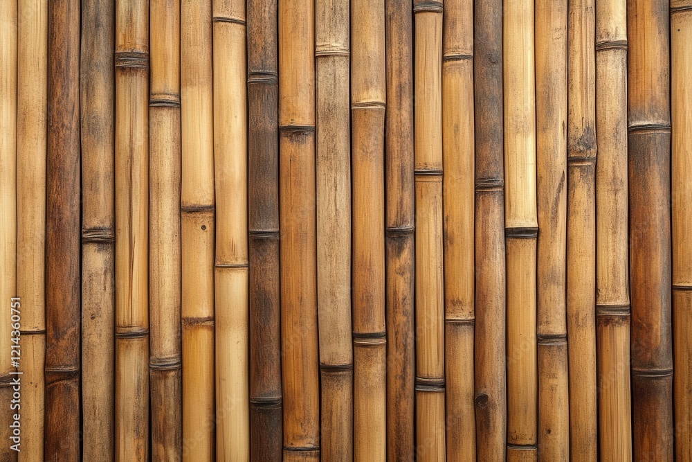 Fototapeta premium textured bamboo wall panel with vertical grain pattern, warm honey tones highlighted by dramatic side lighting, creating subtle shadows and depth