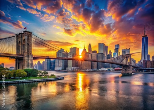 Iconic Brooklyn Bridge New York City Skyline Sunrise Stock Photo