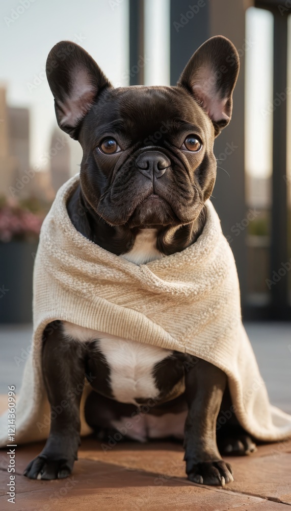 Fototapeta premium Adorable French Bulldog enjoying a sunny day on the porch, blending classic charm with a contemporary setting