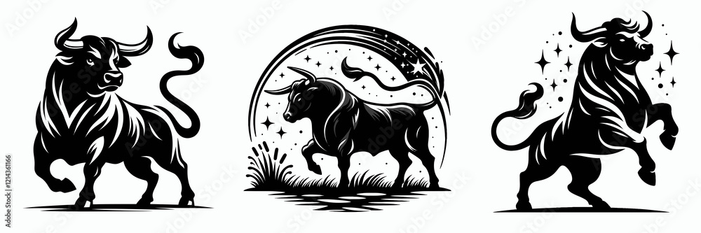 Fototapeta premium A bold, artistic depiction of three stylized bulls, showcasing dynamic poses and intricate details in black and white.