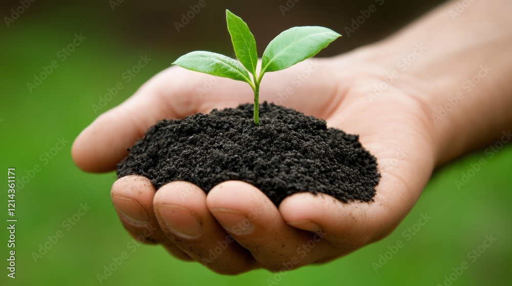 Hand Holding Soil with Green Seedling Against Blurred Background Hand Holding Soil with Green Seedling Against Blurred Background