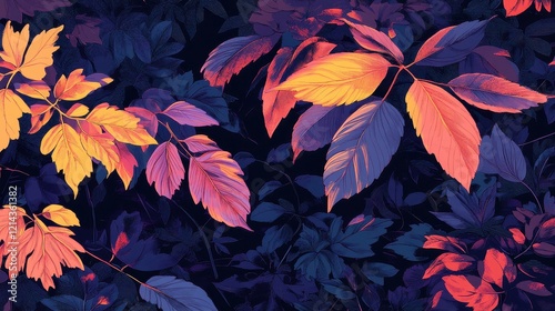 Vibrant Autumn Leaves in Dark Forest