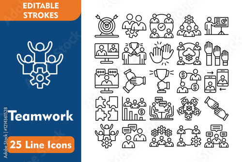 Teamwork 25 Line Icon Set Included Icons goal, united, round table, help, team support, 