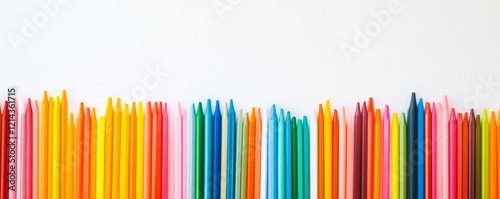 Colorful collection of crayons arranged neatly on a white background for artistic activities