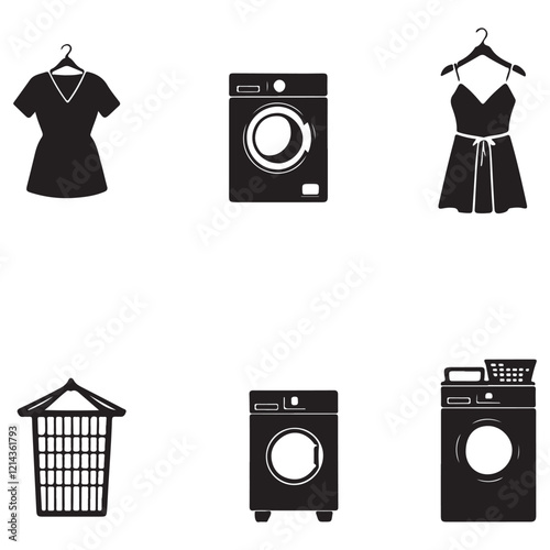 A collection of flat design icons depicting various laundry-related items, including washing machines, clothes on hangers, and a skirt.