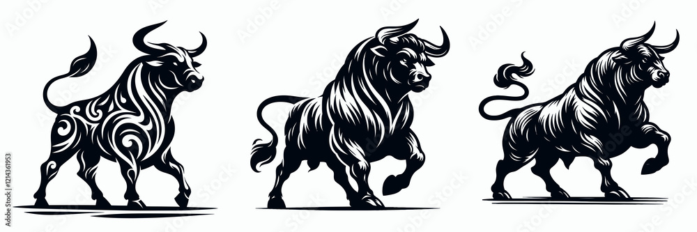 Obraz premium Three stylized bull illustrations, each featuring unique designs, showcasing strength and vitality in bold black and white.