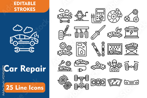 Car Repair 25 Line Icon Set Included Icons broken car, lubricant, mechanic, wheel alignment, wheel, chassis, gasket, wiper, bumper, 