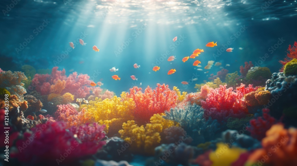 Fototapeta premium Vibrant Coral Reef with Fish in Natural Light
