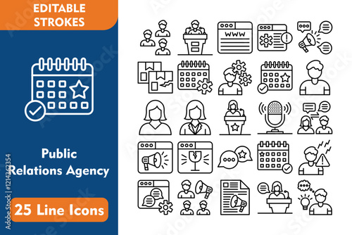 Public Reaction Agency 25 Line Icon Set Included Icons audiences, press conference, www, information 