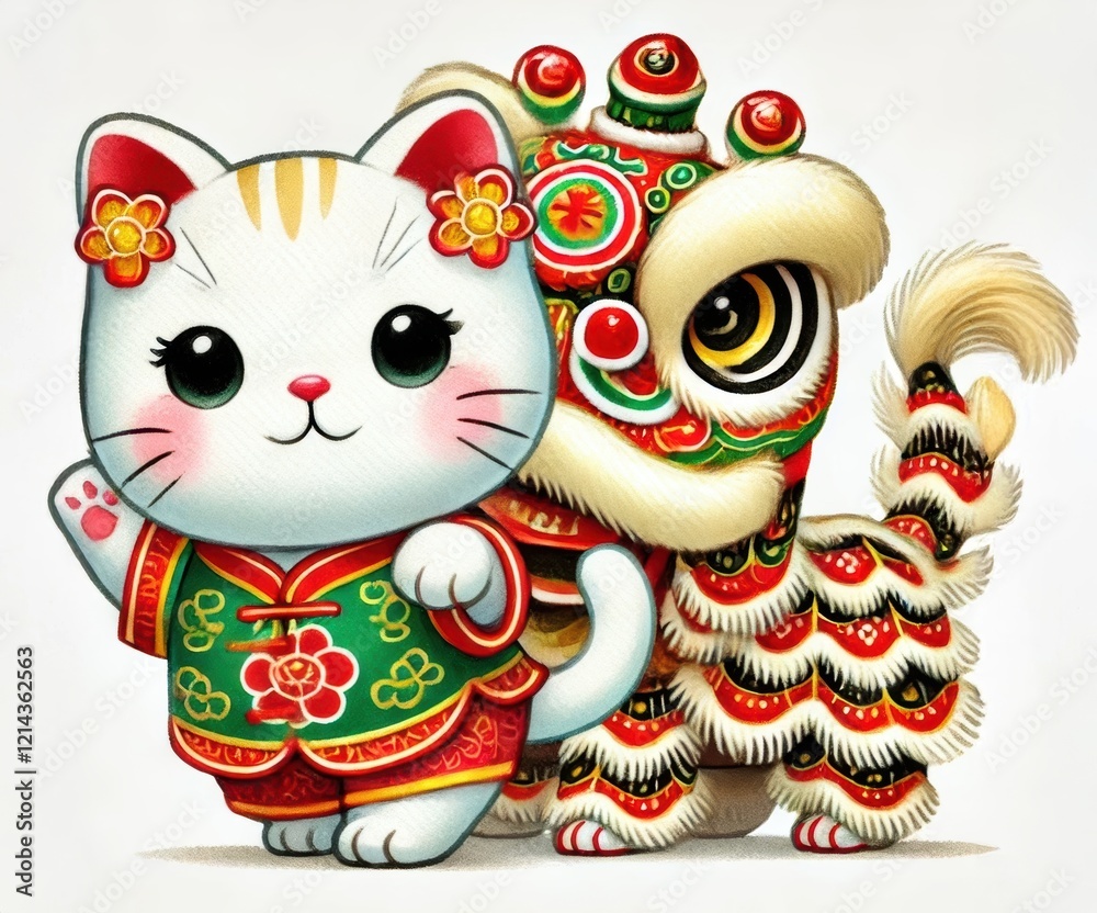 Fototapeta premium A Maneki-neko cat in a lion dance costume. Cute cartoon watercolor illustration.