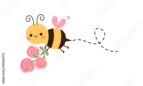 Valentine's day card with bee cartoon and pink rose flower icon sign isolated on white background vector.