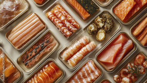 Selection of preserved seafood in various packaging for culinary inspiration photo