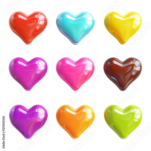 Nine Shiny Colorful Hearts Love Romance Valentines Design Elements, Isolated on Transparent Background, Ai Generated Images