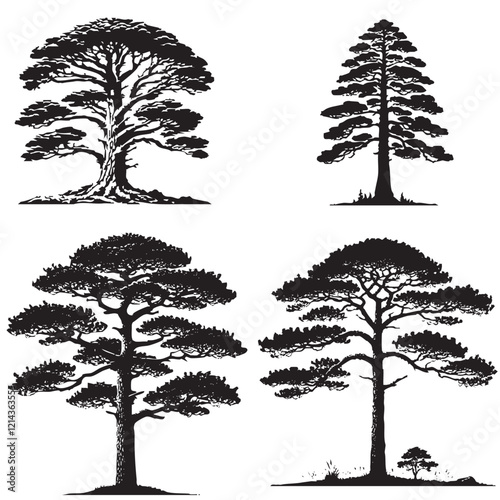 Monochrome Vector Silhouettes of the Coulter Pine Tree Isolated on a White Background