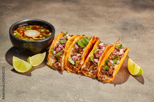 Traditional mexican birria consome soup and four taco with stewed beef