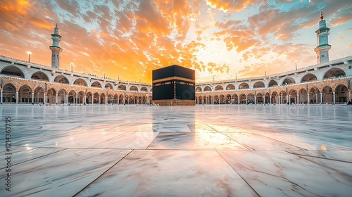 Majestic sunrise over the Kaaba in Mecca's Grand Mosque. (1)