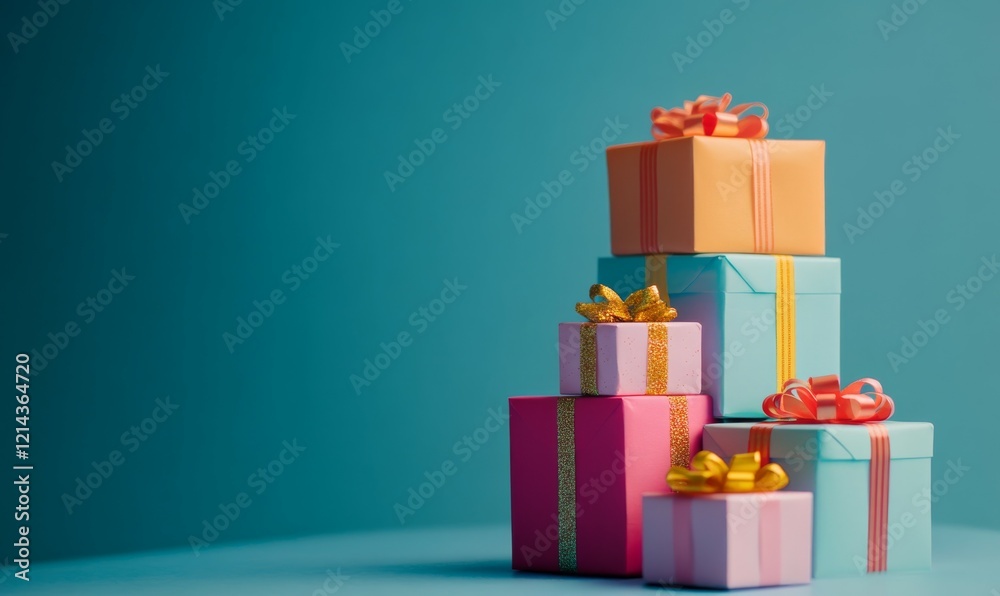 Fototapeta premium Colorful gift boxes stacked together ready for a festive celebration