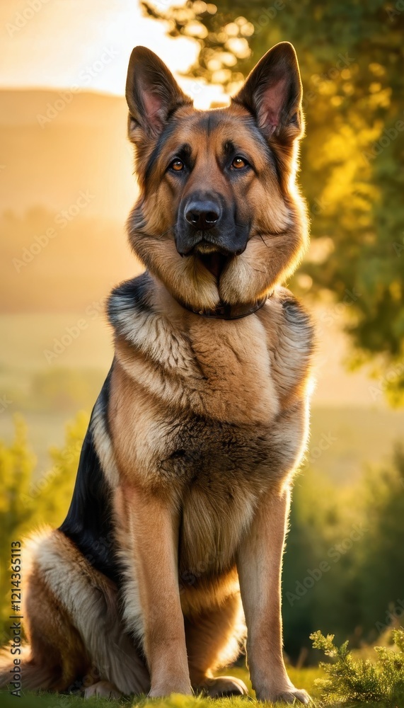 A proud and loyal German Shepherd overlooking a serene landscape at dusk, bathed in the glow of the setting sun A proud and loyal German Shepherd overlooking a serene landscape at dusk, bathed in the glow of the setting sun