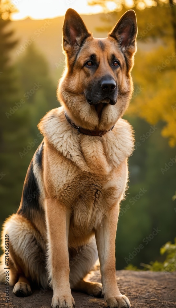 A majestic German Shepherd standing on a hilltop during sunset, with a panoramic view of rolling green hills and golden light A majestic German Shepherd standing on a hilltop during sunset, with a panoramic view of rolling green hills and golden light