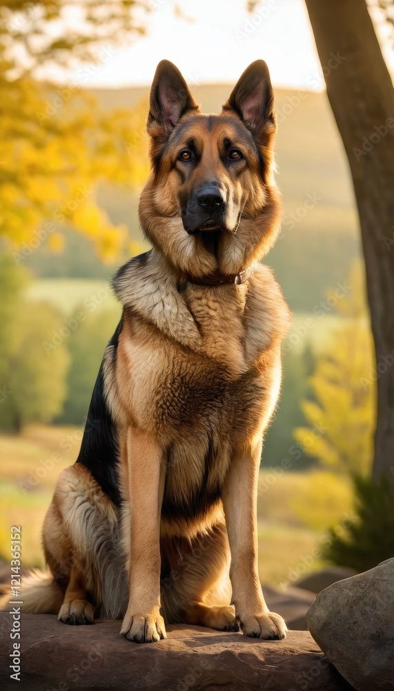 A majestic German Shepherd standing on a hilltop during sunset, with a panoramic view of rolling green hills and golden light A majestic German Shepherd standing on a hilltop during sunset, with a panoramic view of rolling green hills and golden light