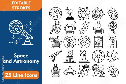 Space and Astronomy 25 Line Icon Set Included Icons moon, satellite dish, rocks, meteor, asteroid, 