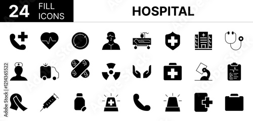 Collection of 24 hospital fill icons featuring editable strokes. These outline icons depict various modes of hospital, health, medicals, doctor, line, care, clinic, emergency, medicine, pharmacy,