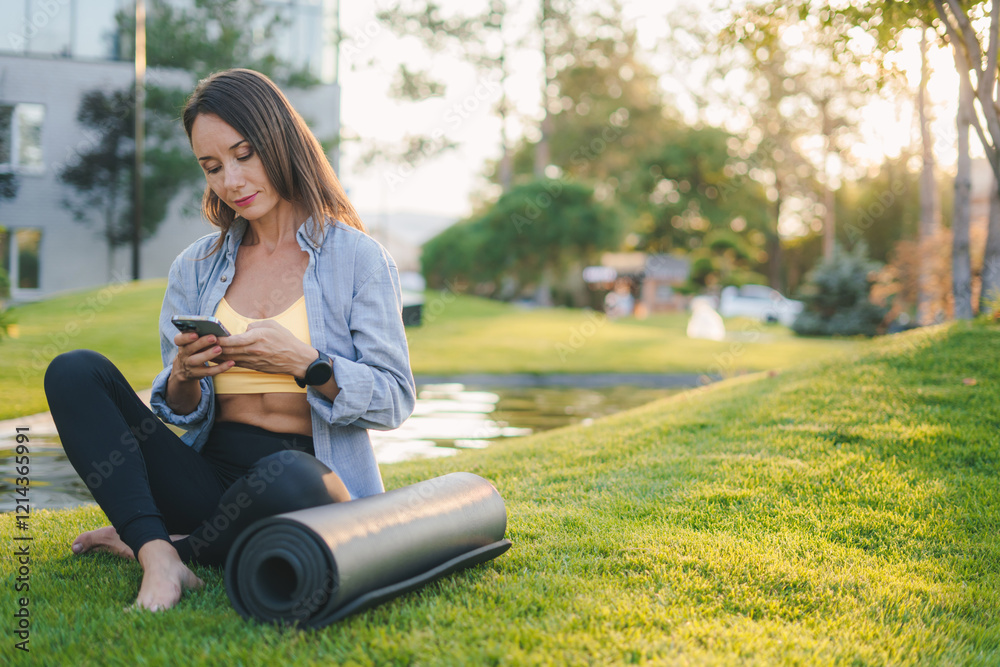 A Relaxing Woman Sitting on Her Yoga Mat in Beautiful Nature While Using a Smartphone A Relaxing Woman Sitting on Her Yoga Mat in Beautiful Nature While Using a Smartphone