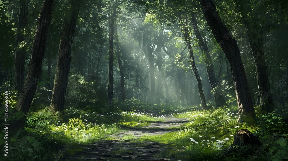 Obraz premium Sunlit Forest Path Magical Woodland Trail Lush Green Trees
