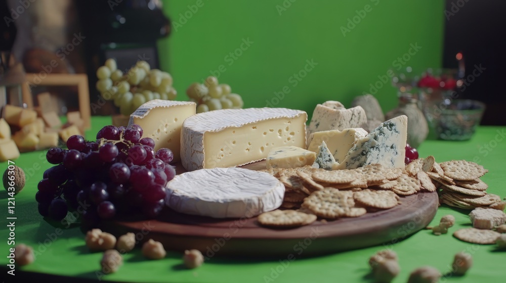 Assortment of cheeses with grapes and crackers on a wooden plate in studio with green background Assortment of cheeses with grapes and crackers on a wooden plate in studio with green background
