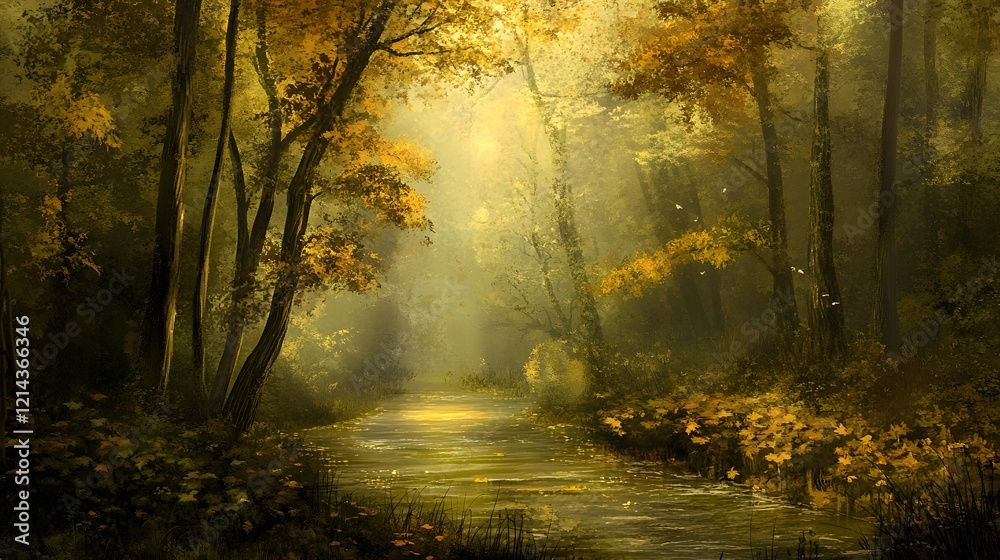 Obraz premium Autumn River Scene Golden Forest Stream Fall Colors