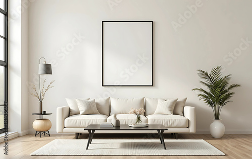Ivory Wall with Black-Edged White Frame
A minimalist living room with an ivory wall, showcasing a framed poster mockup in a pure white frame with a black border. The poster is ISO A paper size.