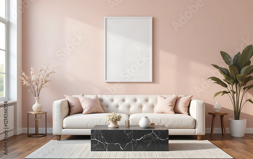 A minimalist living room with a soft blush pink wall, showcasing a framed poster mockup in a pure white frame with a black border. The poster is ISO A paper size