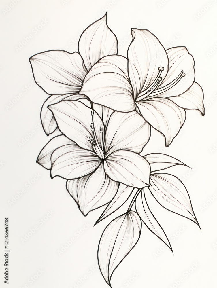 Obraz premium Delicate Line Drawing Of Two Lilies And Leaves